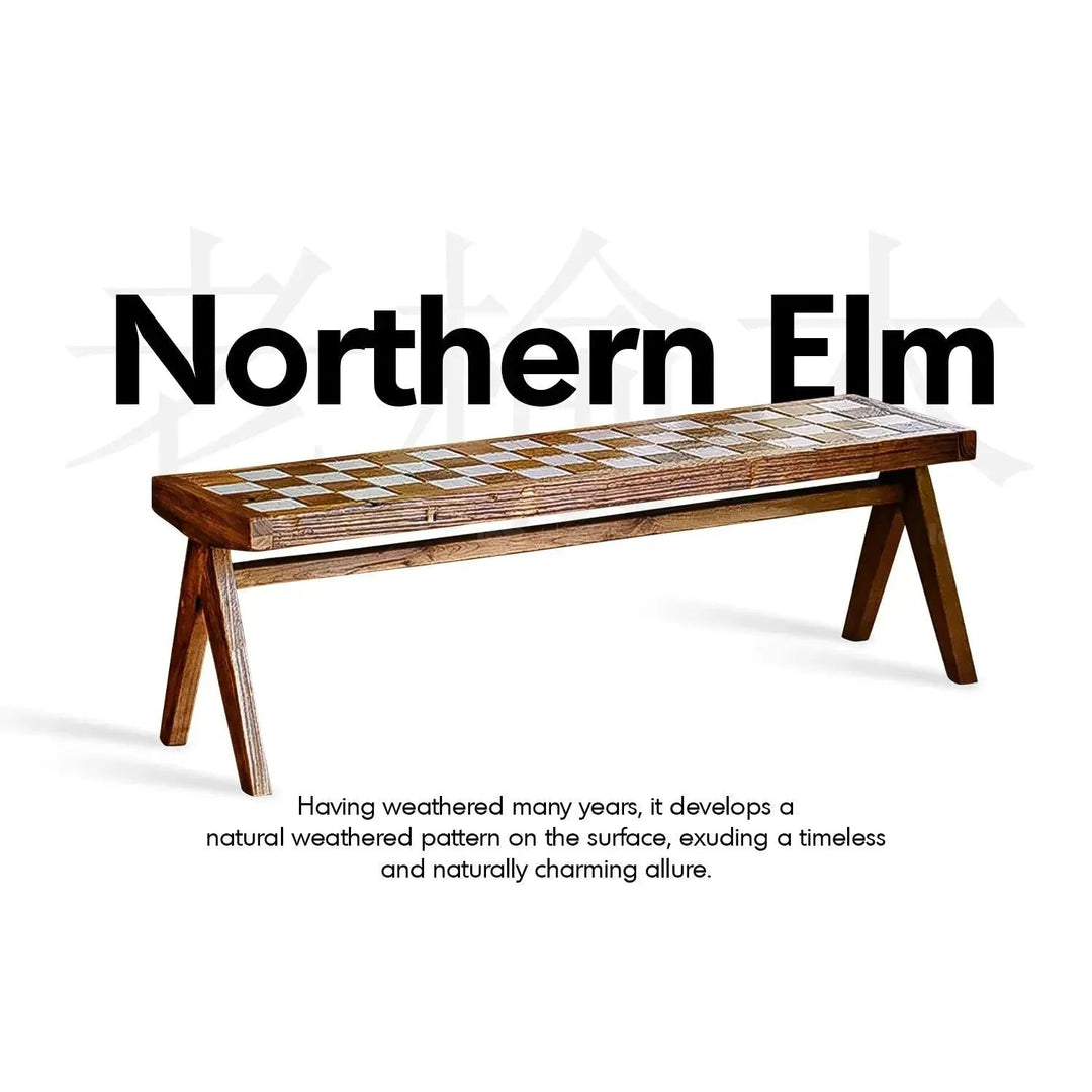 Rustic elm wood dining bench chess elm in still life.