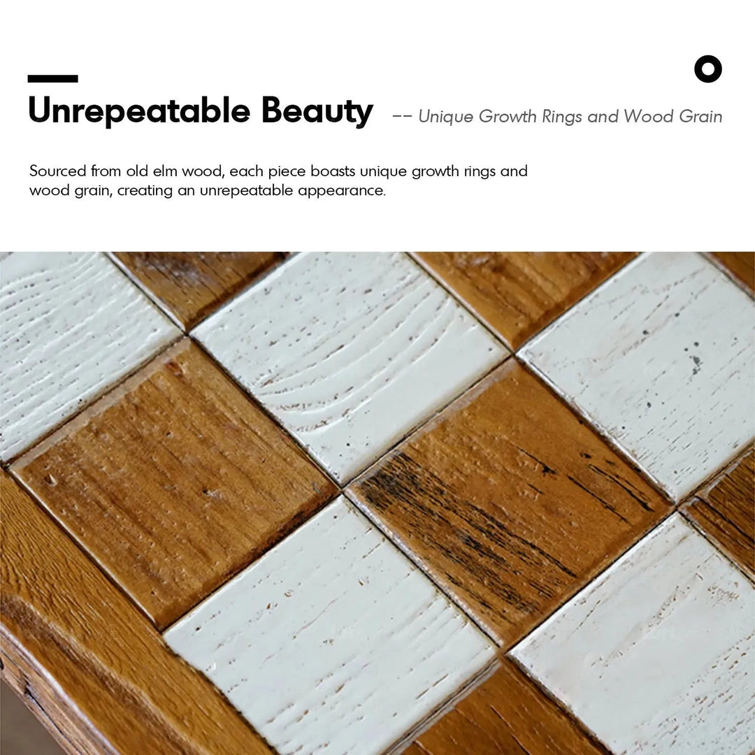 Rustic elm wood dining bench chess elm in details.