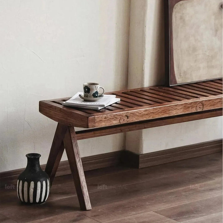 Rustic elm wood dining bench shadow elm in details.