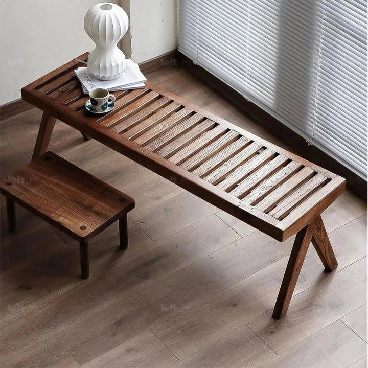 Rustic elm wood dining bench shadow elm primary product view.