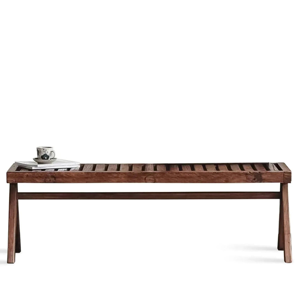 Rustic elm wood dining bench shadow elm in white background.