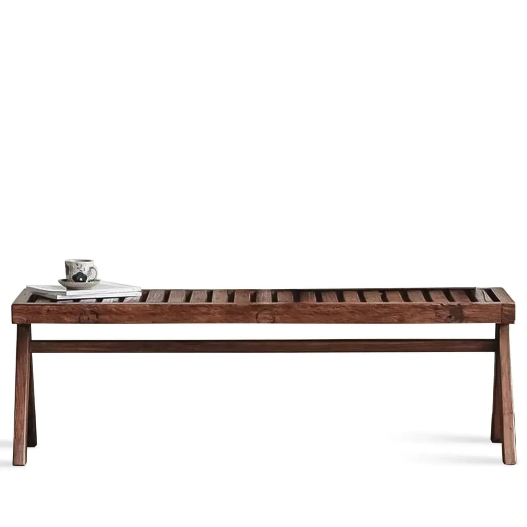 Rustic elm wood dining bench shadow elm in white background.