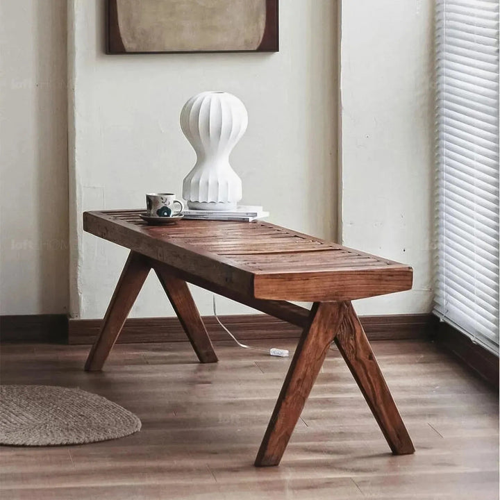 Rustic elm wood dining bench shadow elm material variants.