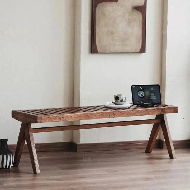 Rustic elm wood dining bench shadow elm color swatches.