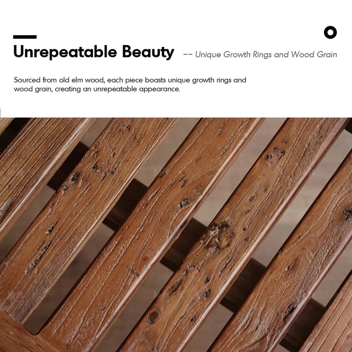 Rustic elm wood dining bench shadow elm in still life.