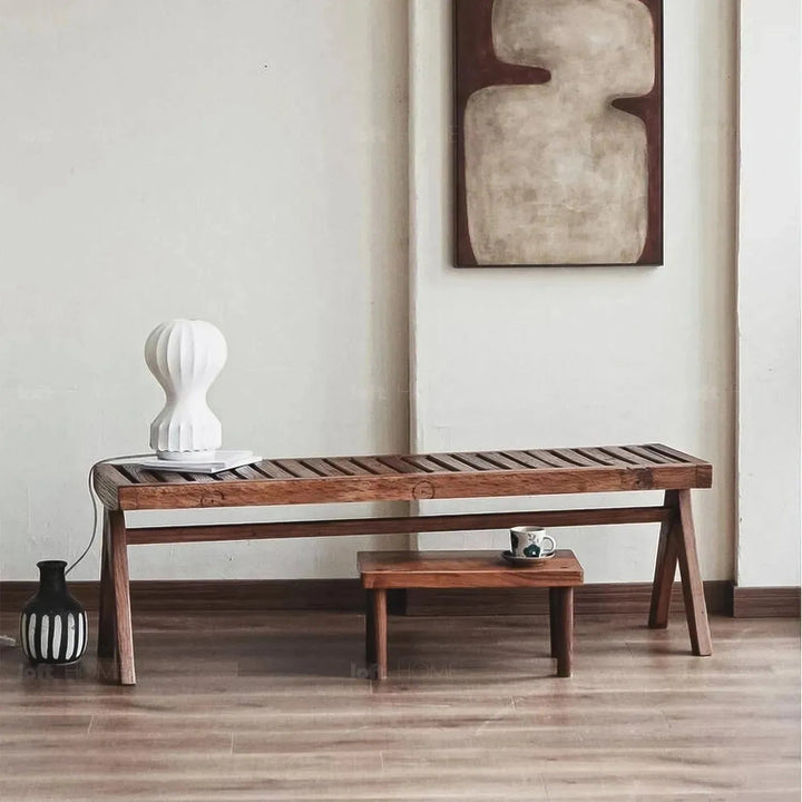 Rustic elm wood dining bench shadow elm in real life style.