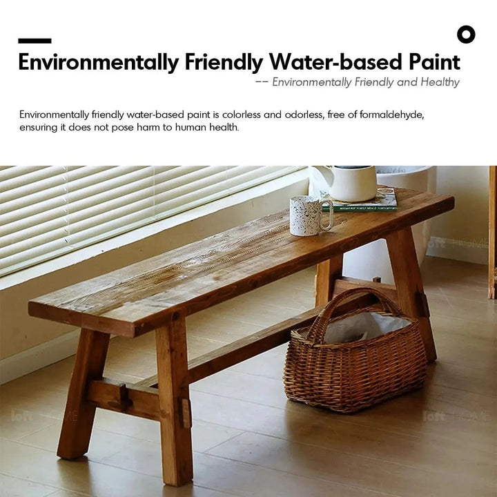 Rustic elm wood dining bench stone elm in still life.