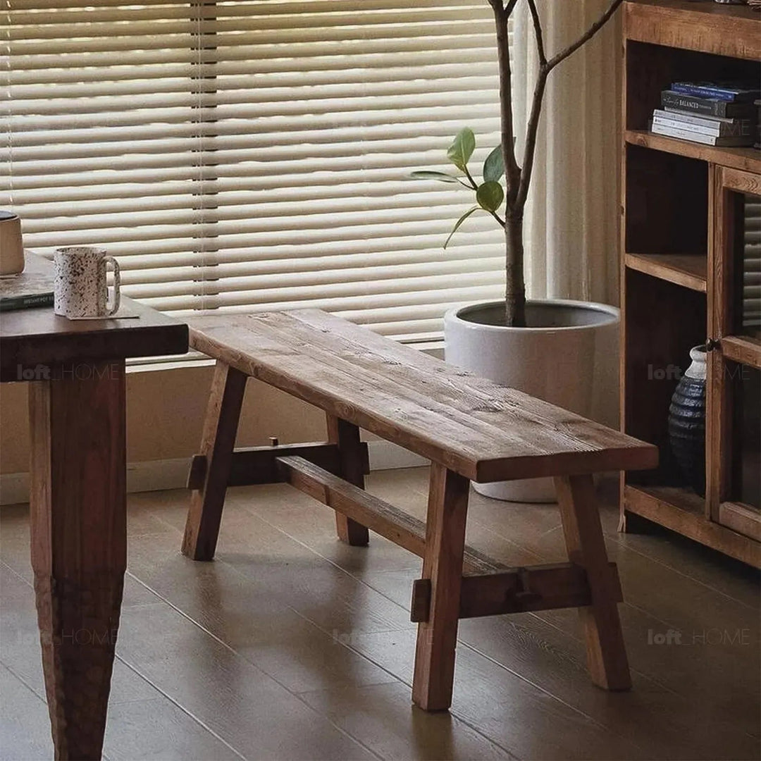 Rustic elm wood dining bench stone elm in real life style.
