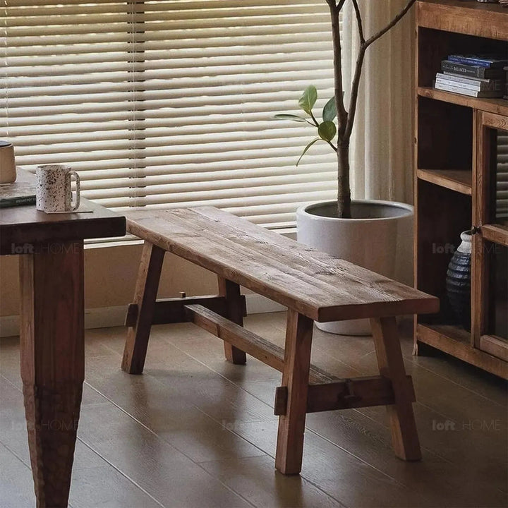 Rustic elm wood dining bench stone elm in real life style.