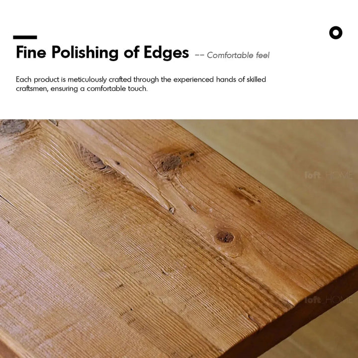 Rustic elm wood dining bench stone elm in close up details.