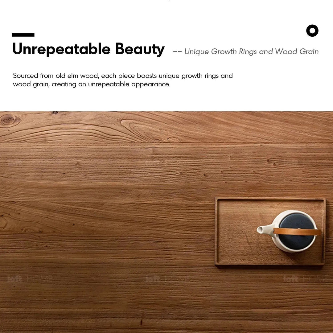 Rustic elm wood dining table craft elm in panoramic view.