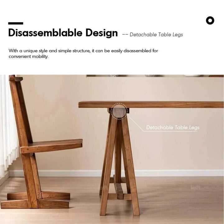 Rustic elm wood dining table craft elm in close up details.