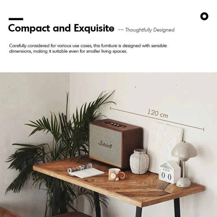 Rustic elm wood dining table fishbone elm in close up details.