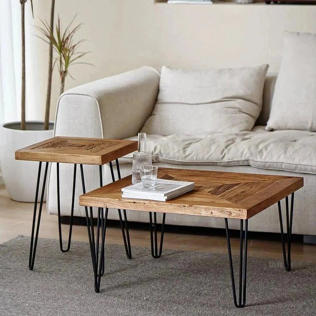 Rustic elm wood square coffee table vertigo elm with context.