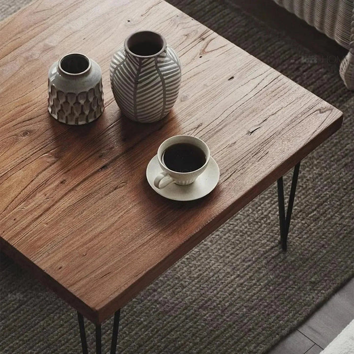 Rustic elm wood square coffee table vertigo elm in details.