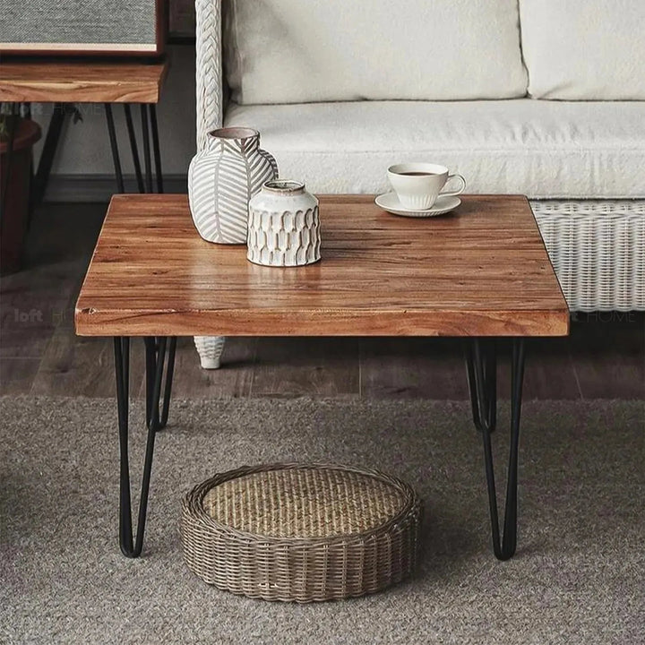 Rustic elm wood square coffee table vertigo elm in close up details.