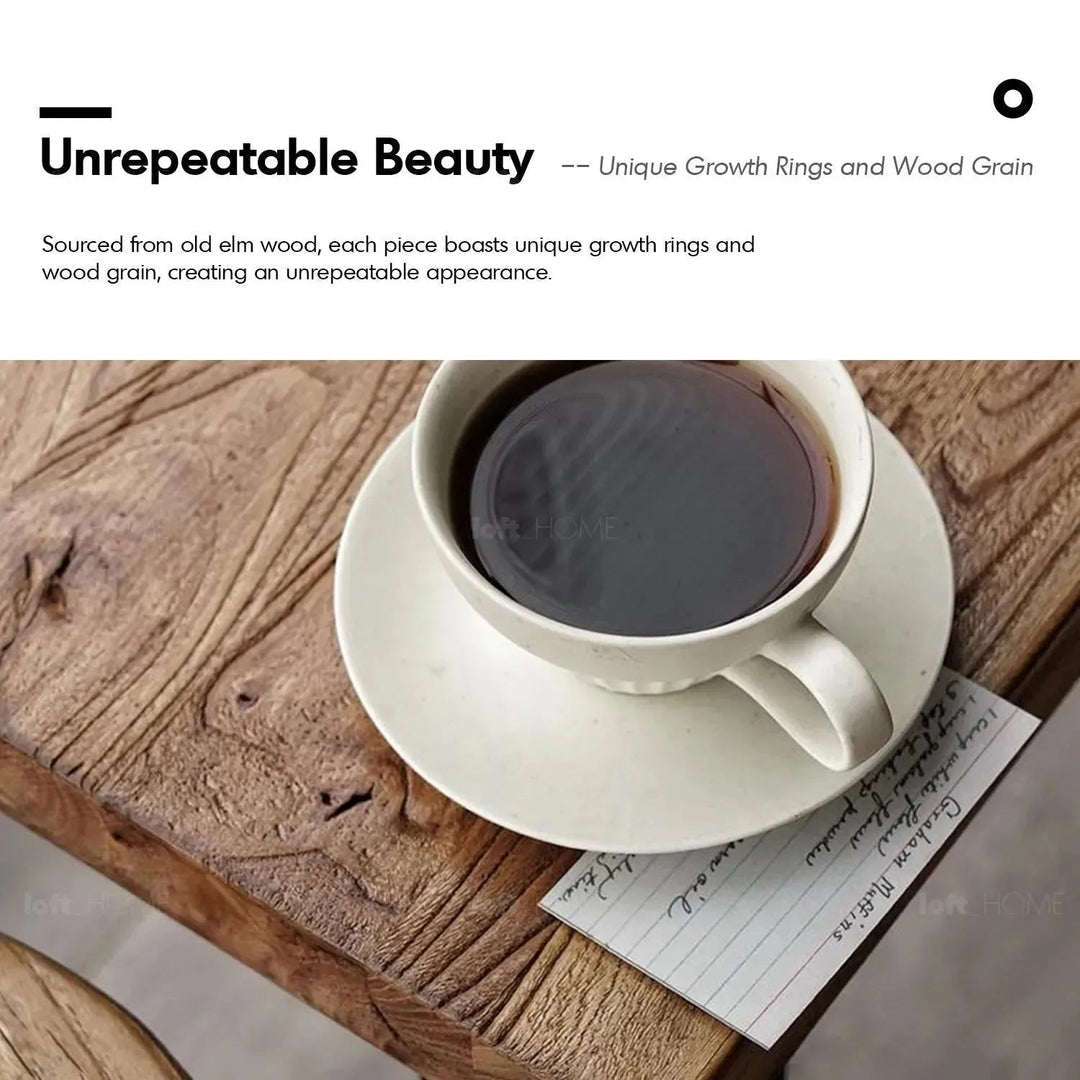 Rustic elm wood square coffee table vertigo elm in panoramic view.