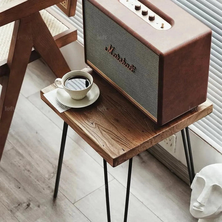 Rustic elm wood square side table velvet elm in close up details.