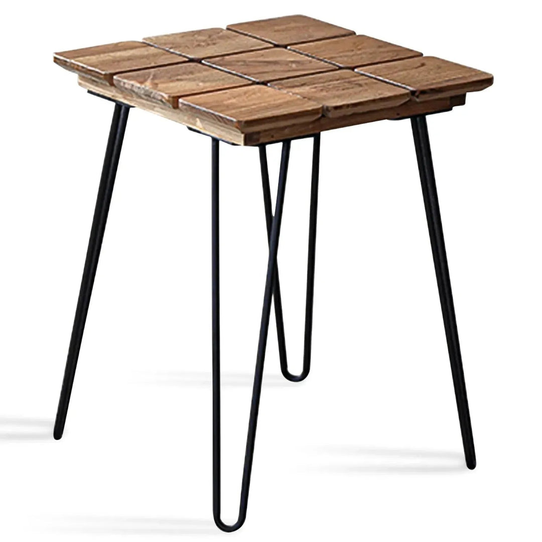 Rustic elm wood square side table velvet elm in white background.