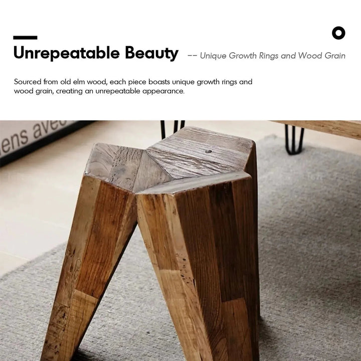 Rustic elm wood stool polygon elm in close up details.