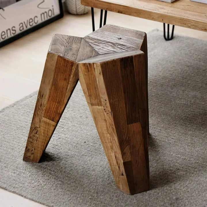 Rustic elm wood stool polygon elm in details.