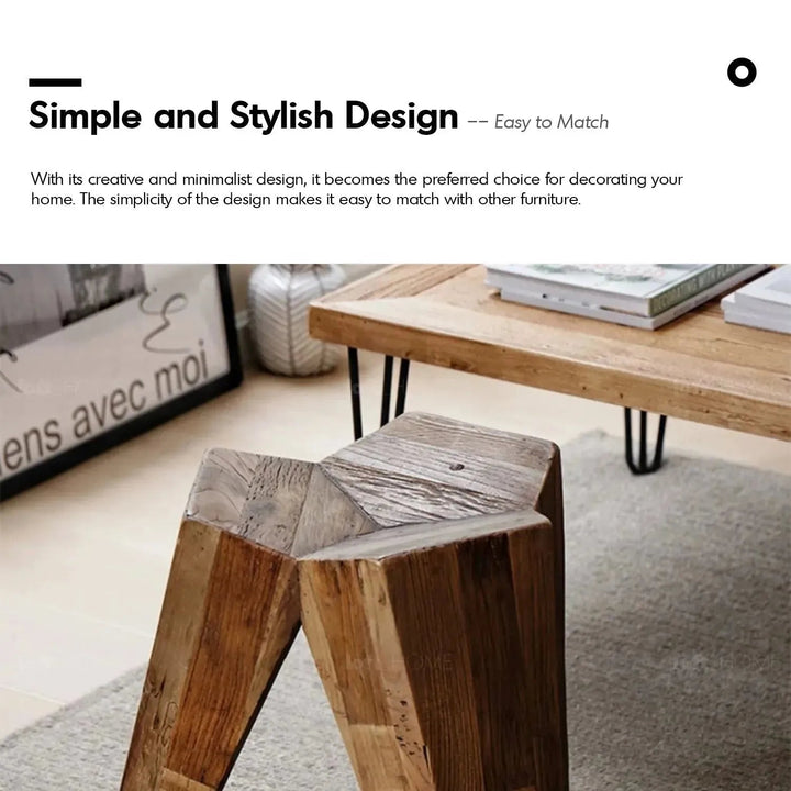 Rustic elm wood stool polygon elm in still life.