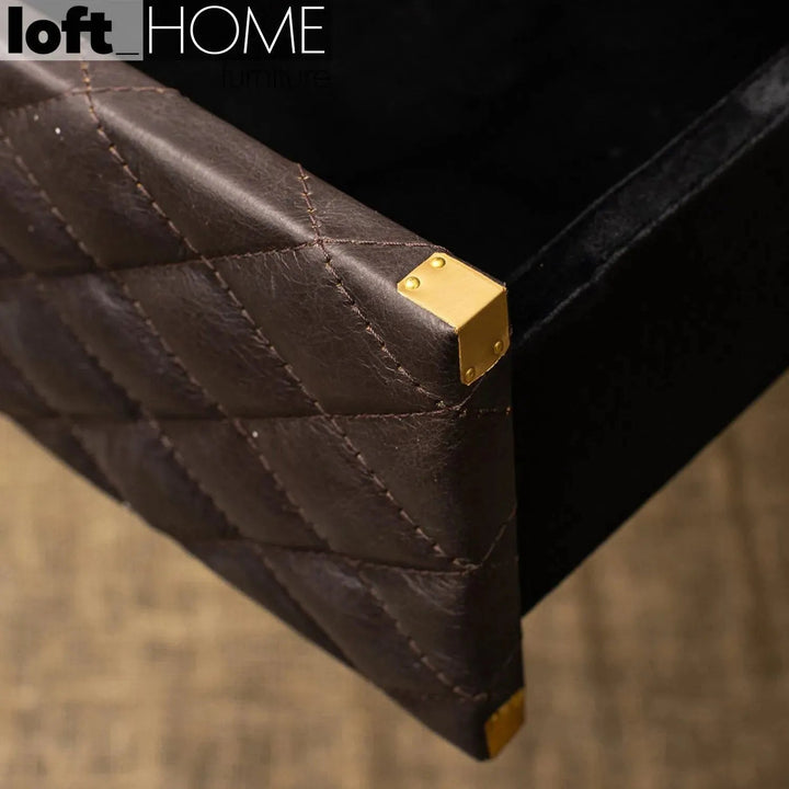 Vintage genuine leather storage cabinet osmond in close up details.