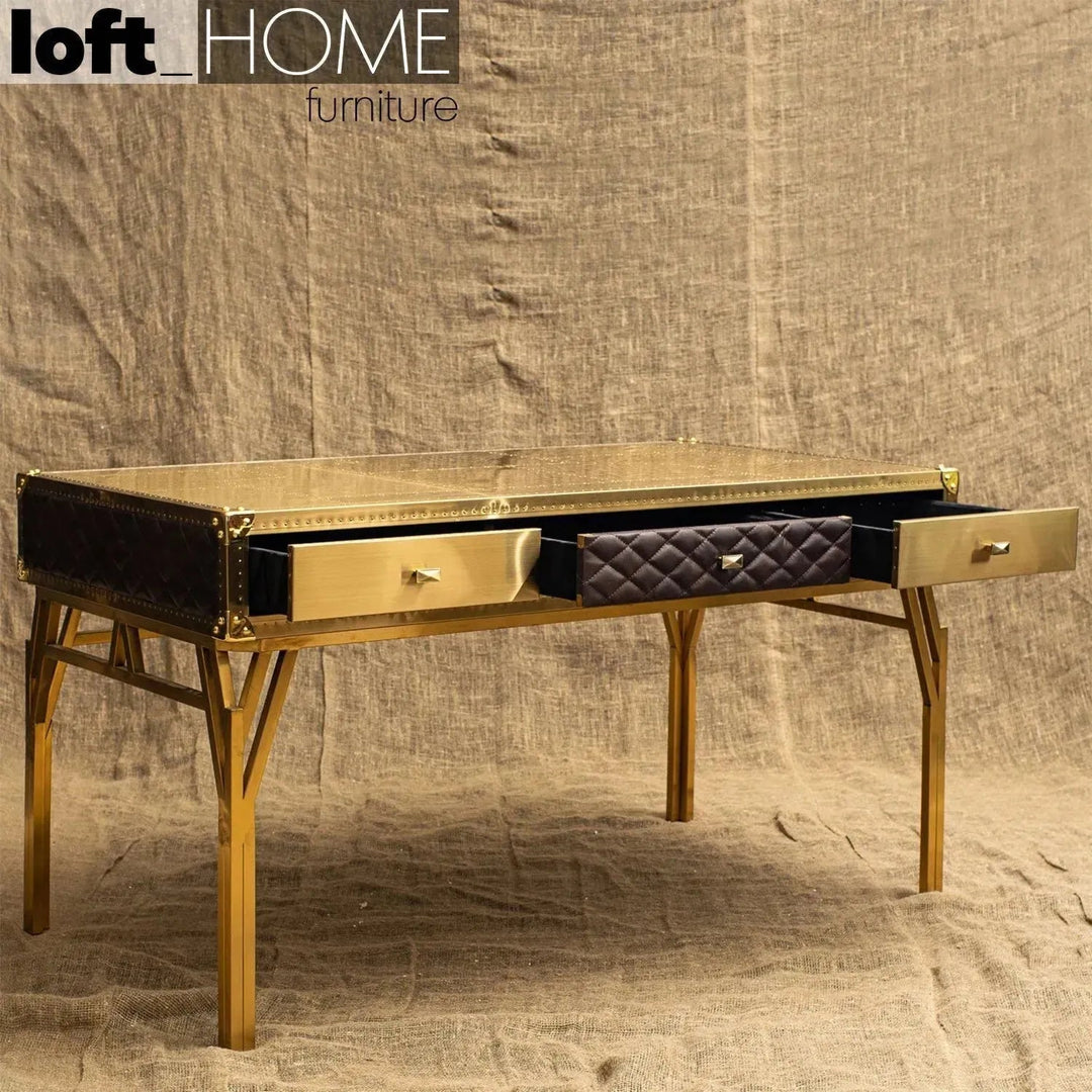 Vintage genuine leather study table osmond in details.