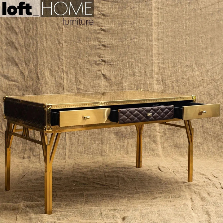 Vintage genuine leather study table osmond in details.