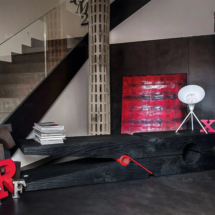 Rustic wood bench molletta in panoramic view.