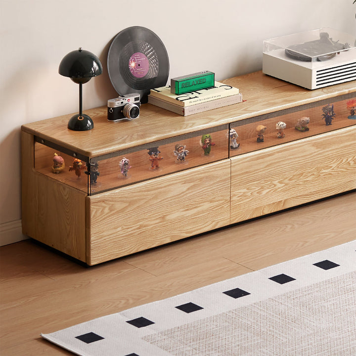 Scandinavian ash wood tv console curate in close up details.