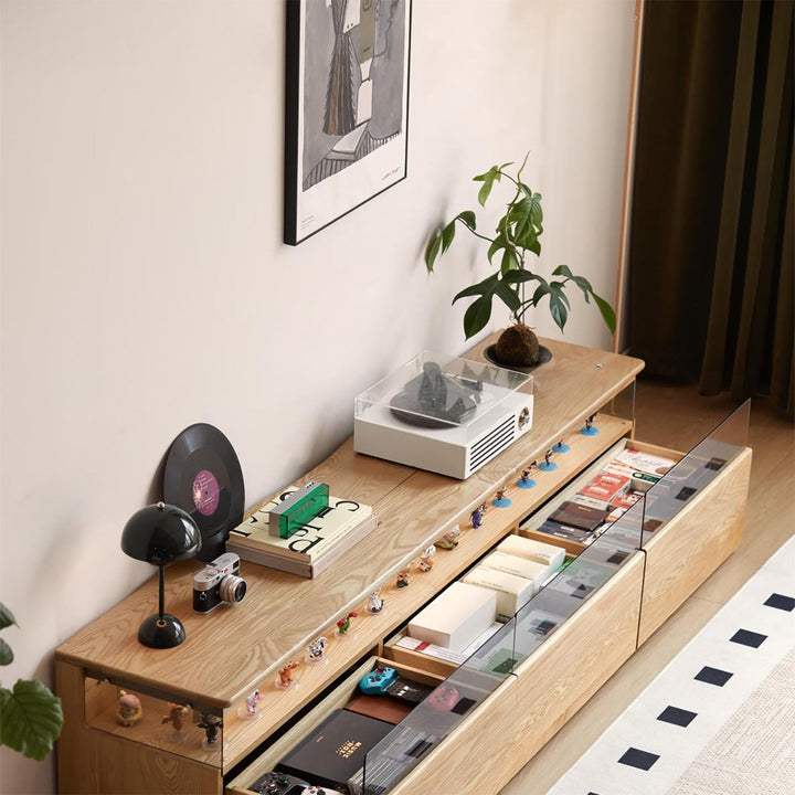 Scandinavian ash wood tv console curate in panoramic view.