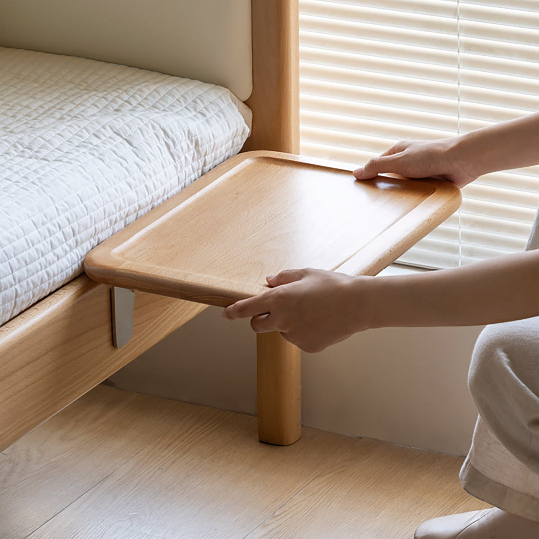 Scandinavian beech wood bedside floating shelf pleni in details.