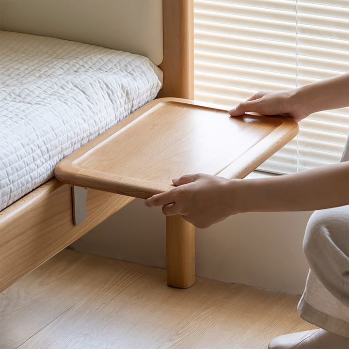 Scandinavian beech wood bedside floating shelf pleni in details.