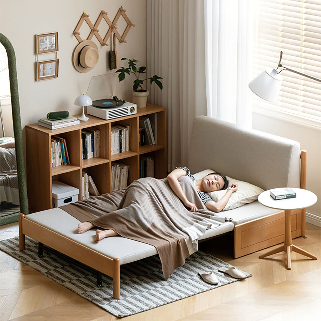 Scandinavian beech wood cotton fabric recliner 2 seater sofa bed flex in panoramic view.