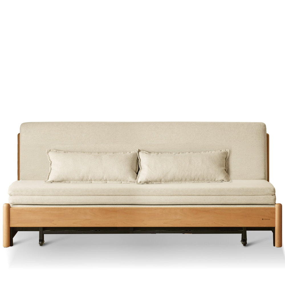 Scandinavian beech wood cotton fabric recliner 2 seater sofa bed flex in white background.
