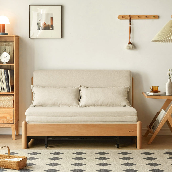 Scandinavian beech wood cotton fabric recliner 2 seater sofa bed flex in real life style.