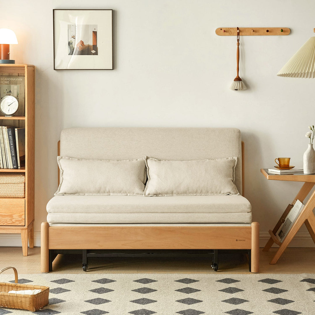 Scandinavian beech wood cotton fabric recliner 2 seater sofa bed flex in real life style.