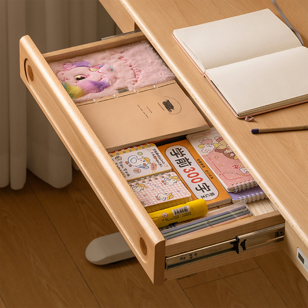Scandinavian beech wood electric height adjustable kids study table with intergrated led light orbita with context.