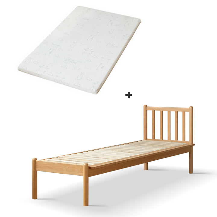 Scandinavian beech wood height adjustable kids sidecar bed with mattress anchor in white background.
