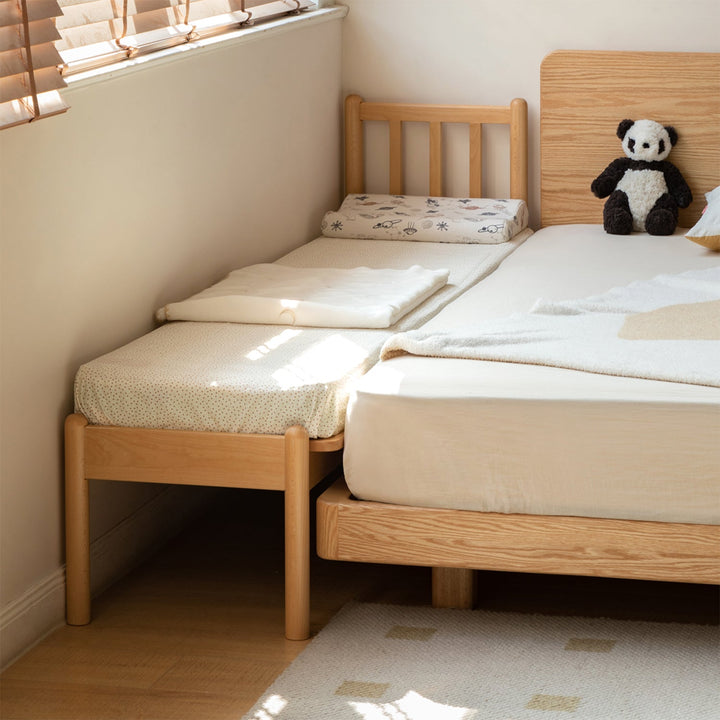 Scandinavian beech wood height adjustable kids sidecar bed with mattress anchor size charts.
