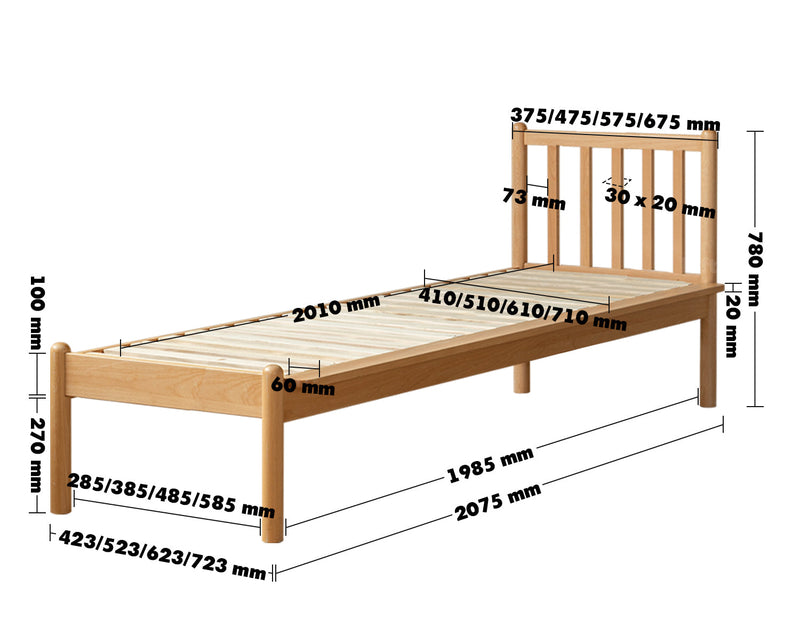 dimension detail diagram of Scandinavian Beech Wood Height Adjustable Kids Sidecar Bed With Mattress ANCHOR