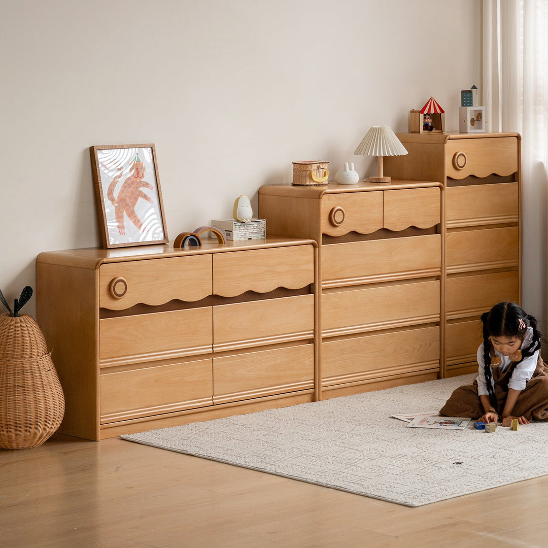 Scandinavian beech wood kids chest of drawers creamy primary product view.
