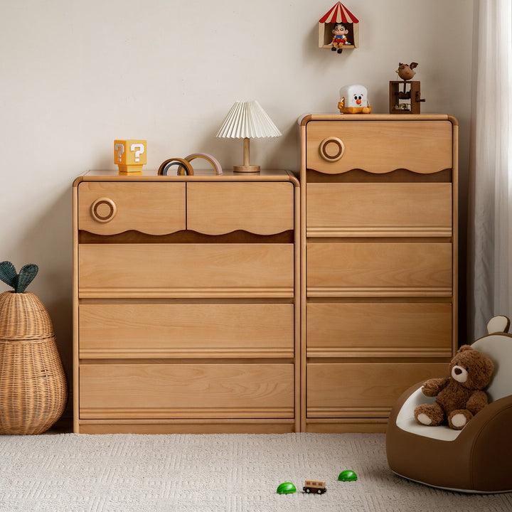 Scandinavian beech wood kids chest of drawers creamy in real life style.