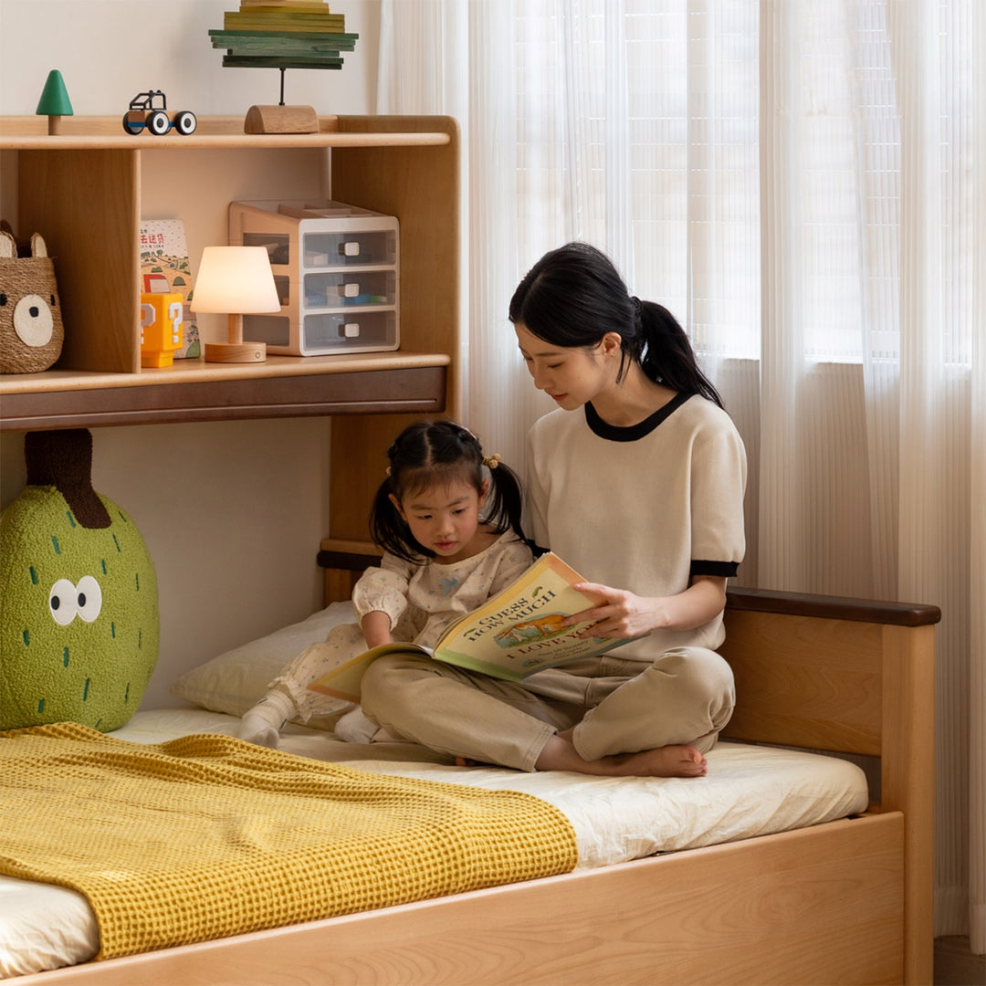 Scandinavian beech wood kids storage bed arloe in real life style.
