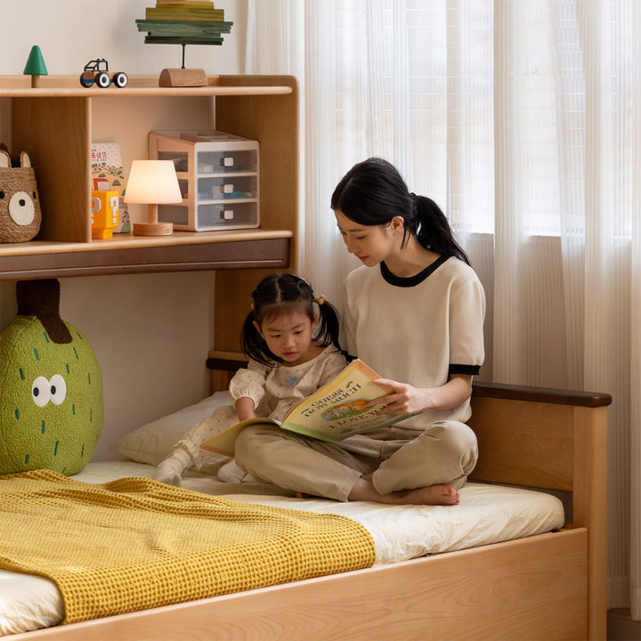 Scandinavian beech wood kids storage bed arloe in real life style.
