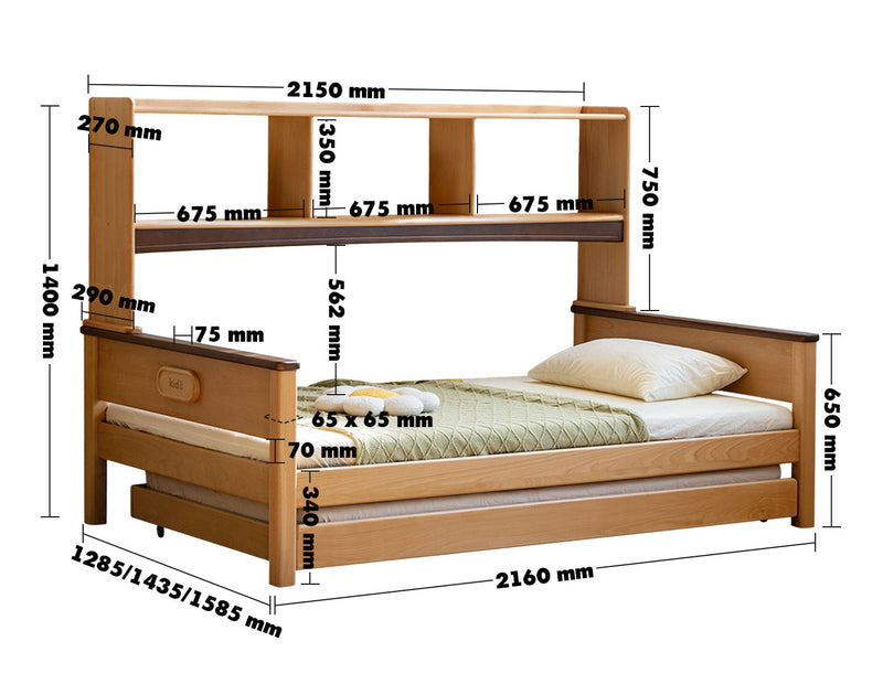 dimension detail diagram of Scandinavian Beech Wood Kids Storage Bed ARLOE