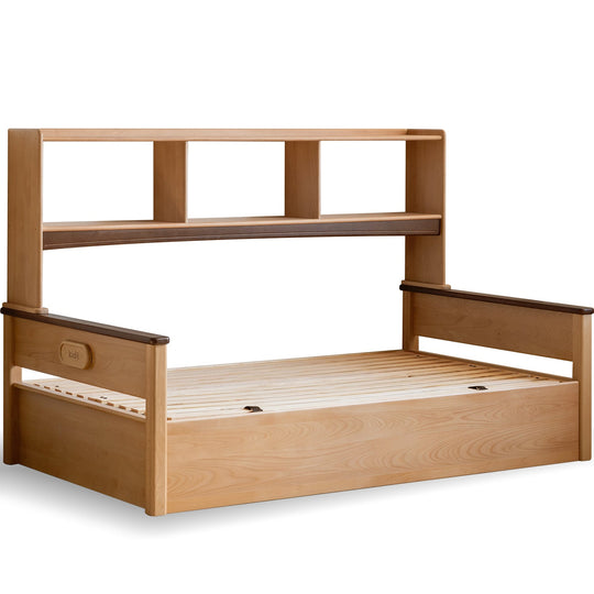 Scandinavian beech wood kids storage bed velto in white background.