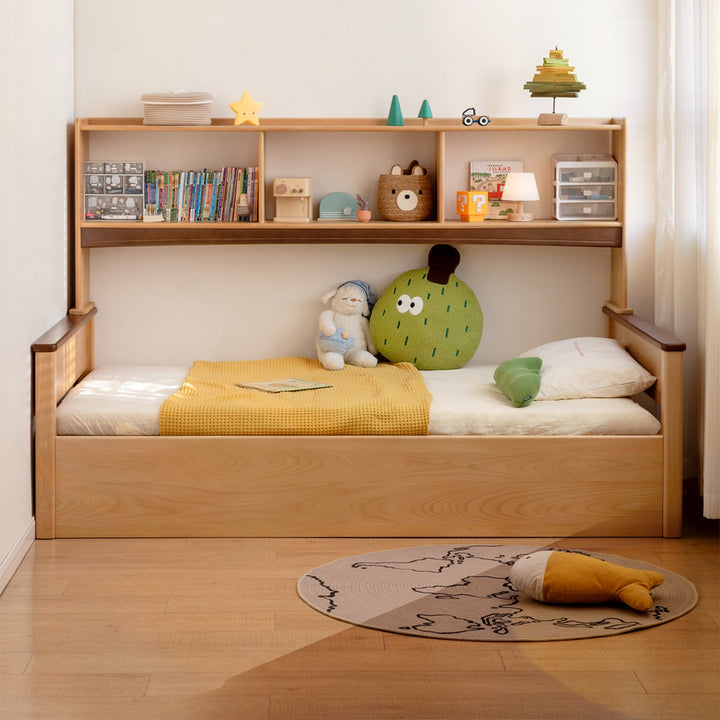 Scandinavian beech wood kids storage bed velto with context.