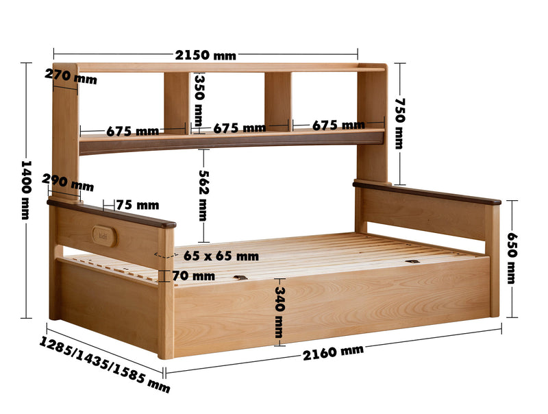 dimension detail diagram of Scandinavian Beech Wood Kids Storage Bed VELTO